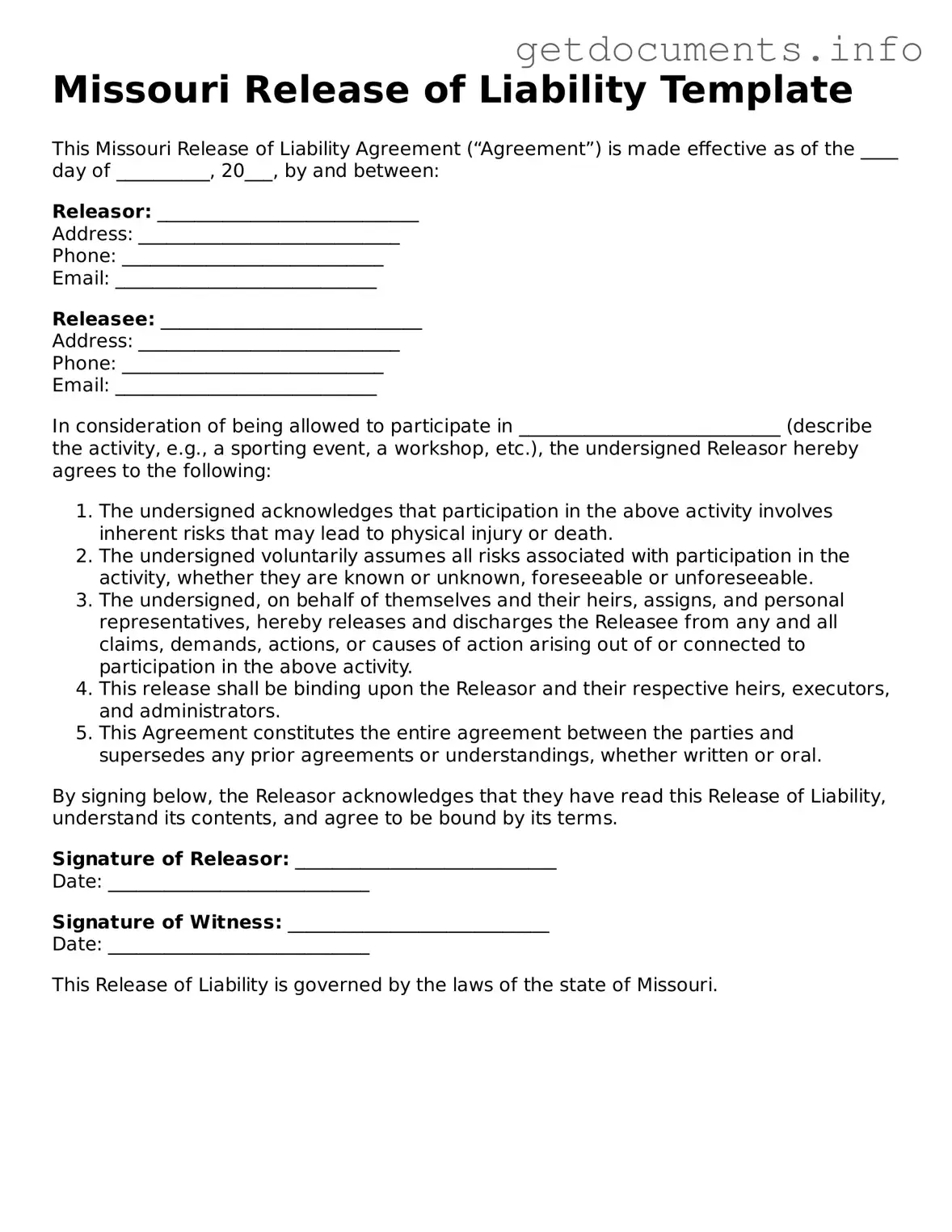Free Release of Liability Template for Missouri