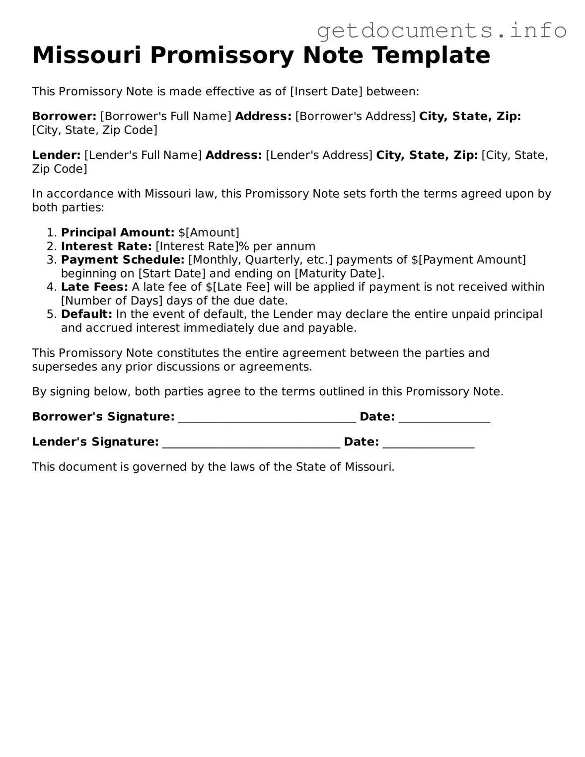 Free  Promissory Note Template for Missouri