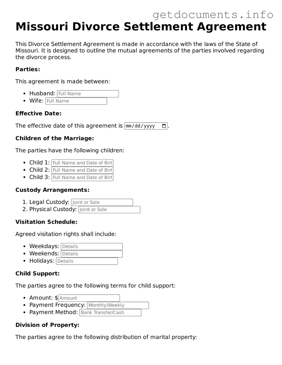 Free Divorce Settlement Agreement Template for Missouri
