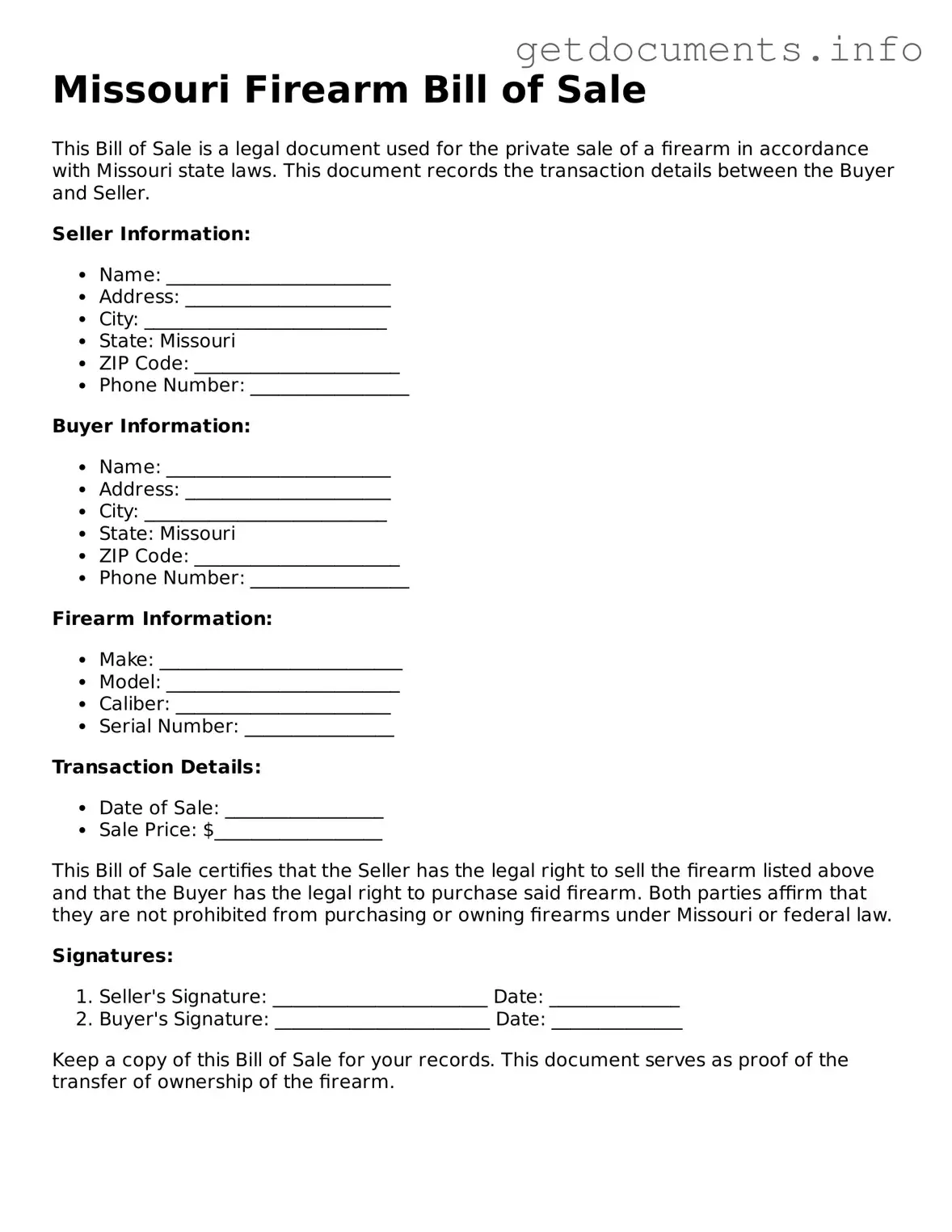 Free  Firearm Bill of Sale Template for Missouri