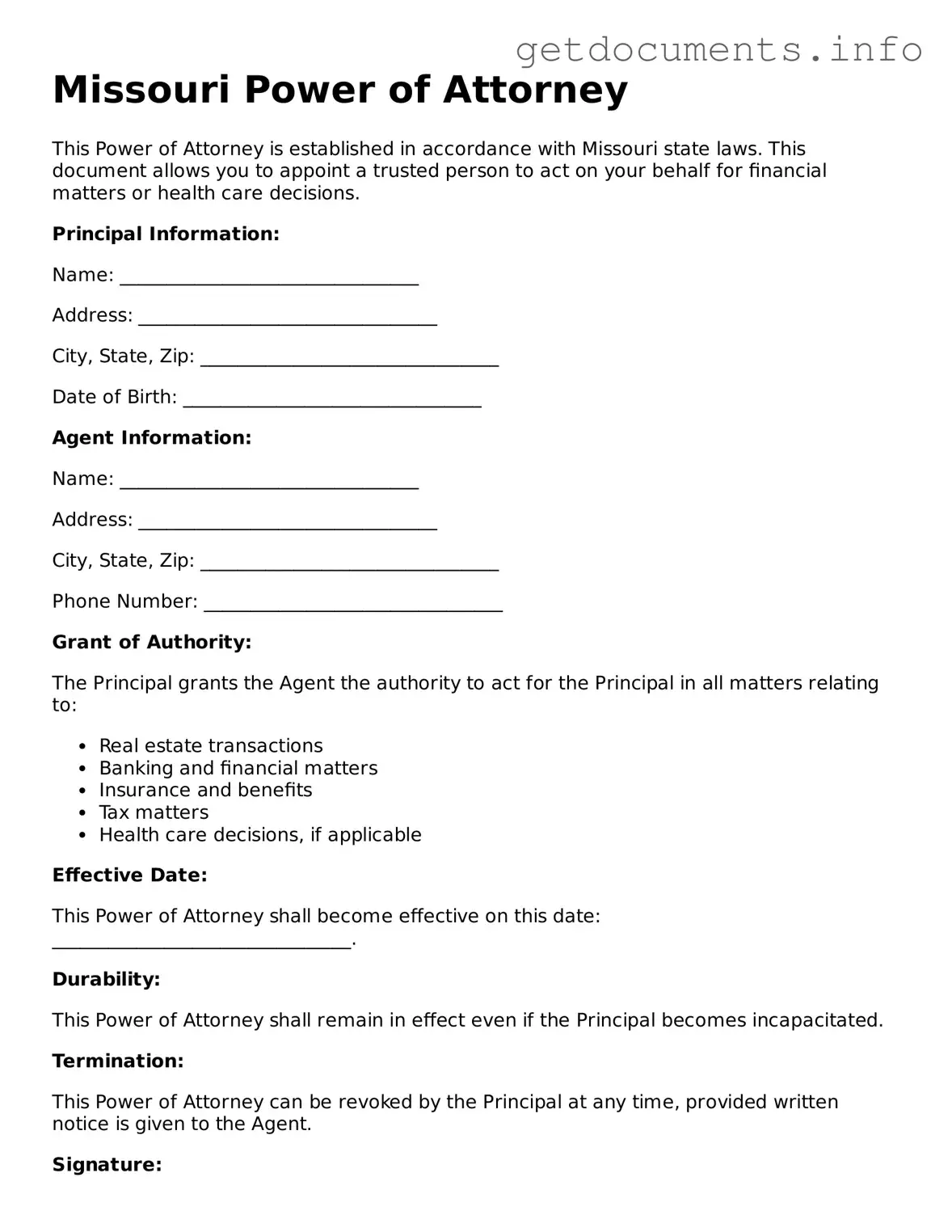 Free  Power of Attorney Template for Missouri
