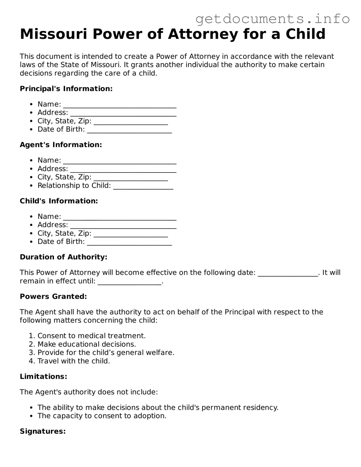 Free  Power of Attorney for a Child Template for Missouri