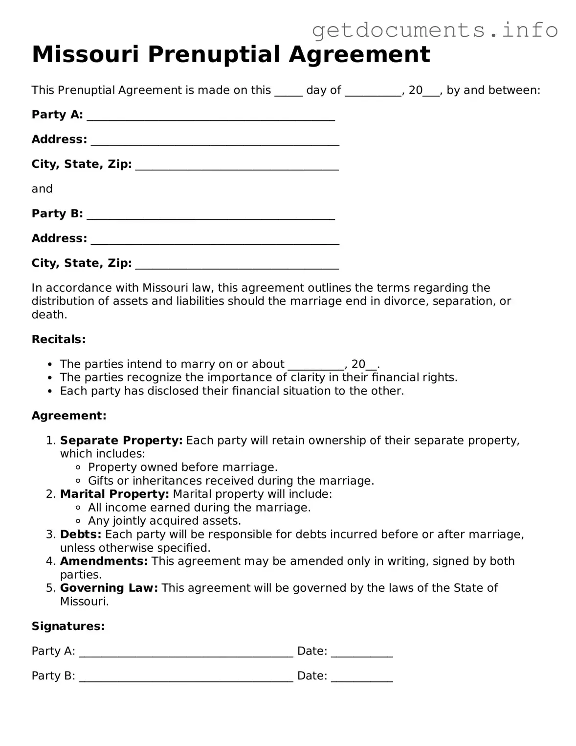 Free Prenuptial Agreement Template for Missouri