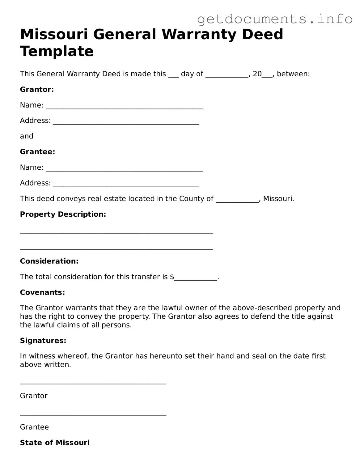 Free  Deed Template for Missouri