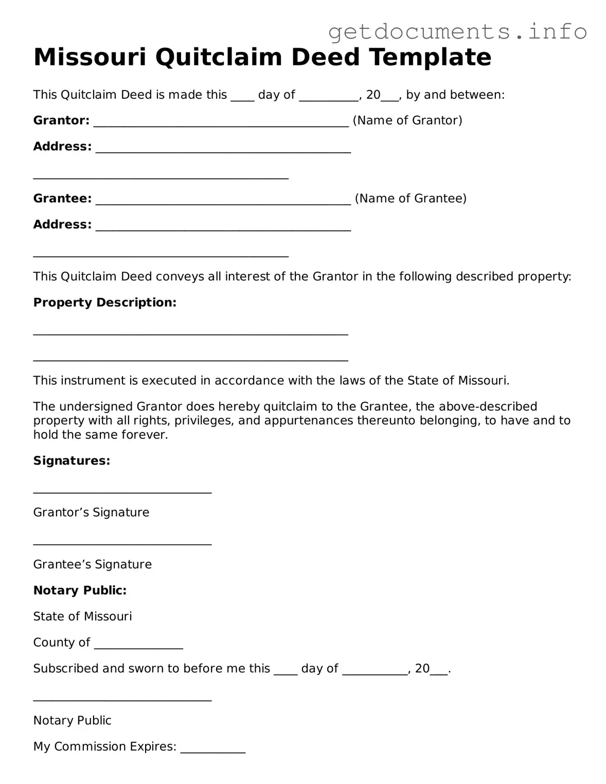 Free  Quitclaim Deed Template for Missouri