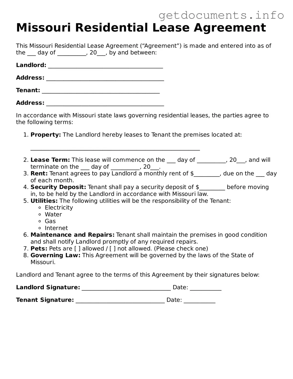 Free Lease Agreement Template for Missouri