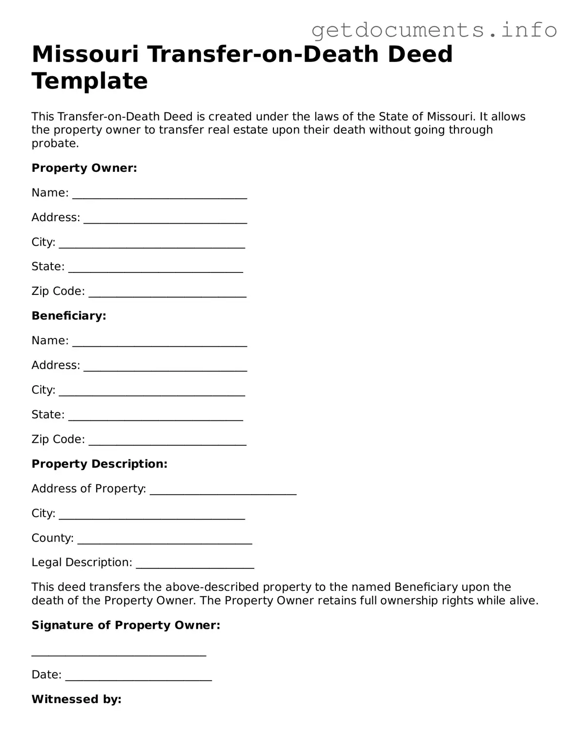 Free Transfer-on-Death Deed Template for Missouri