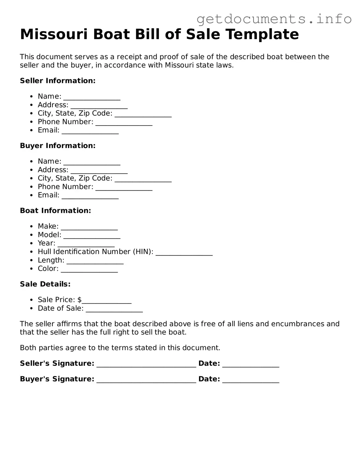 Free  Boat Bill of Sale Template for Missouri