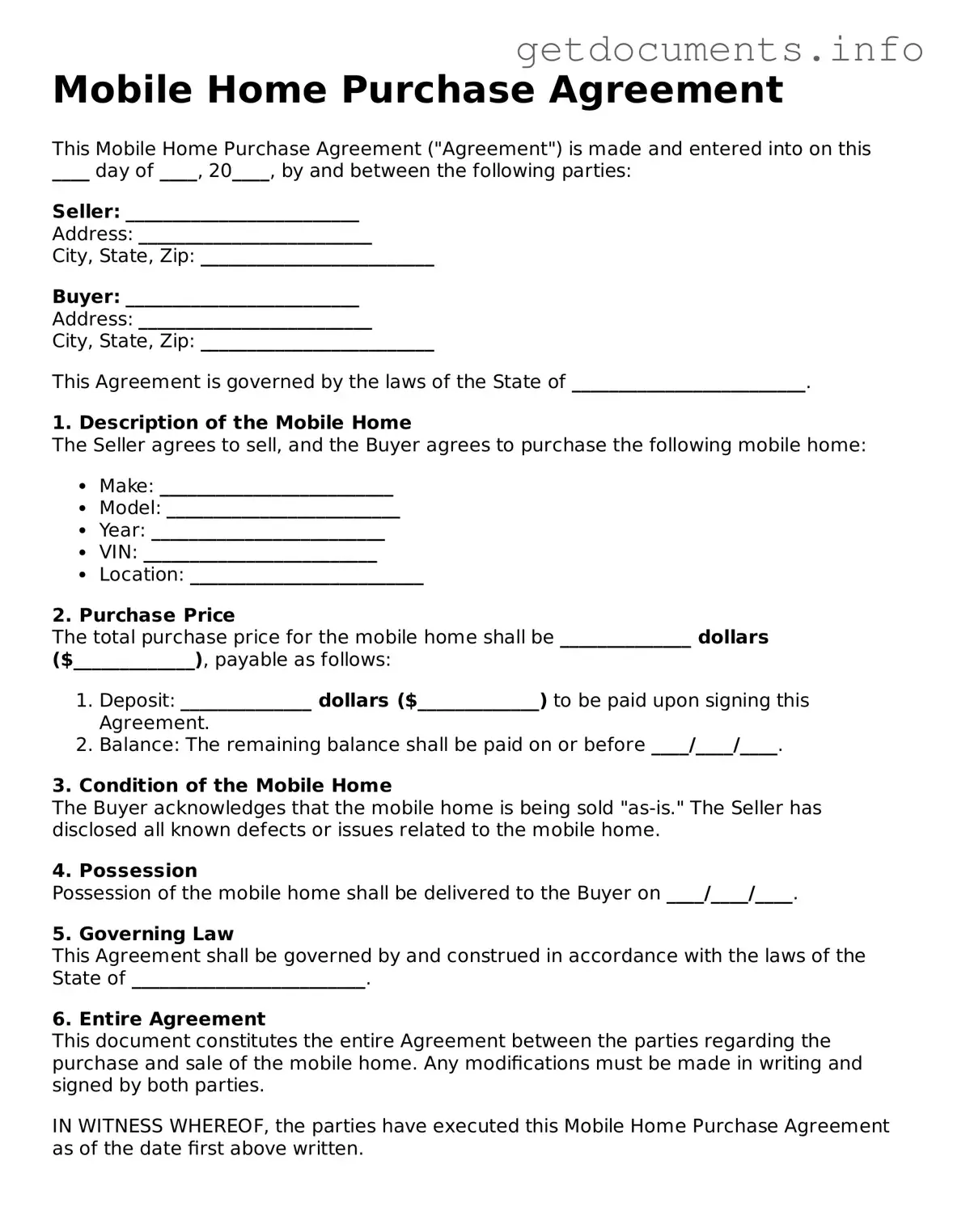 Printable Mobile Home Purchase Agreement Document
