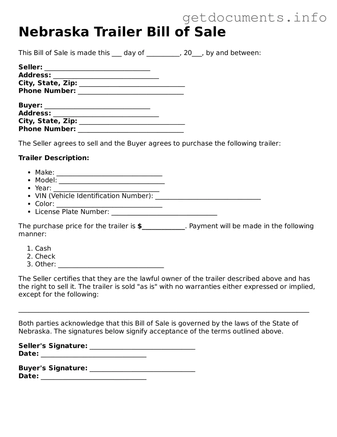 Free Trailer Bill of Sale Template for Nebraska