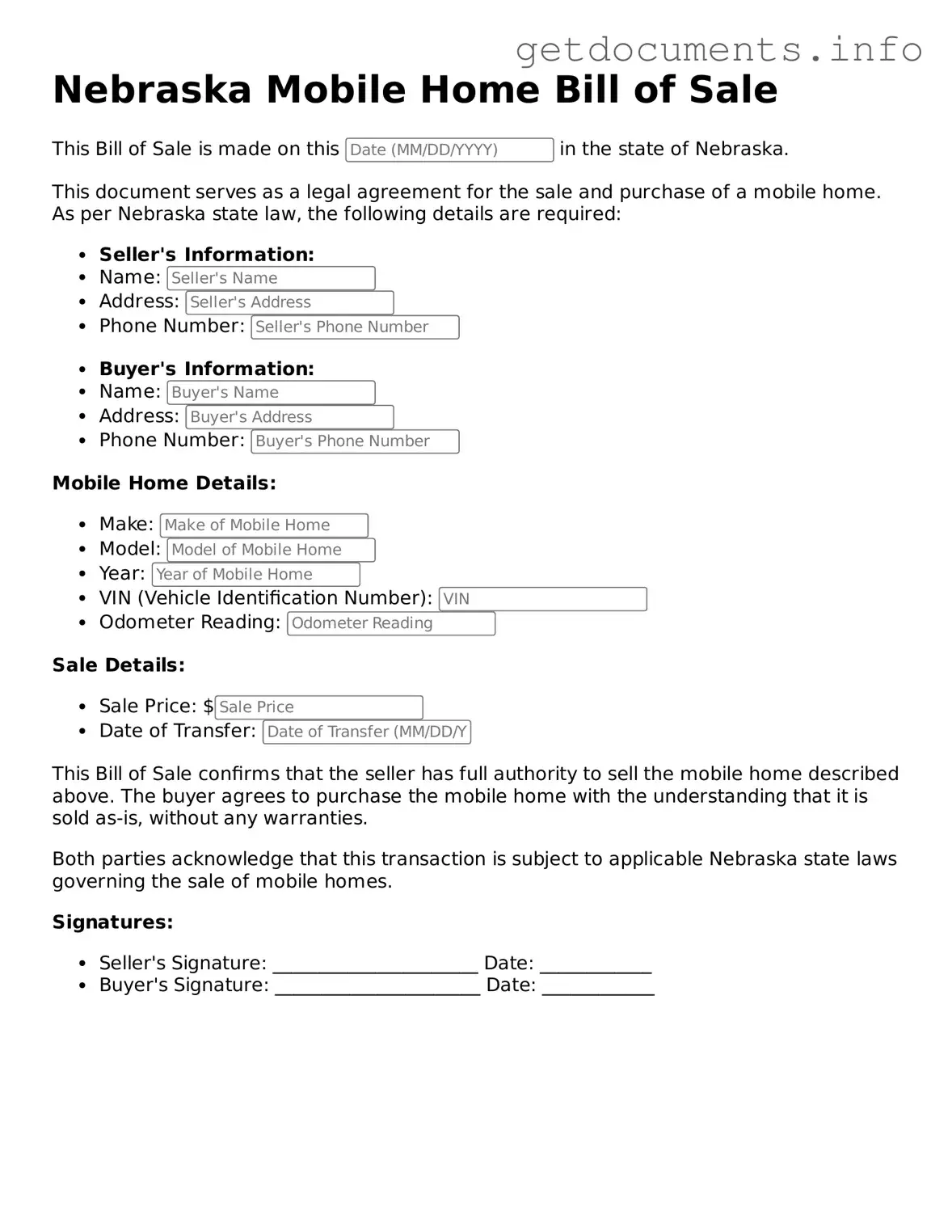 Free  Mobile Home Bill of Sale Template for Nebraska
