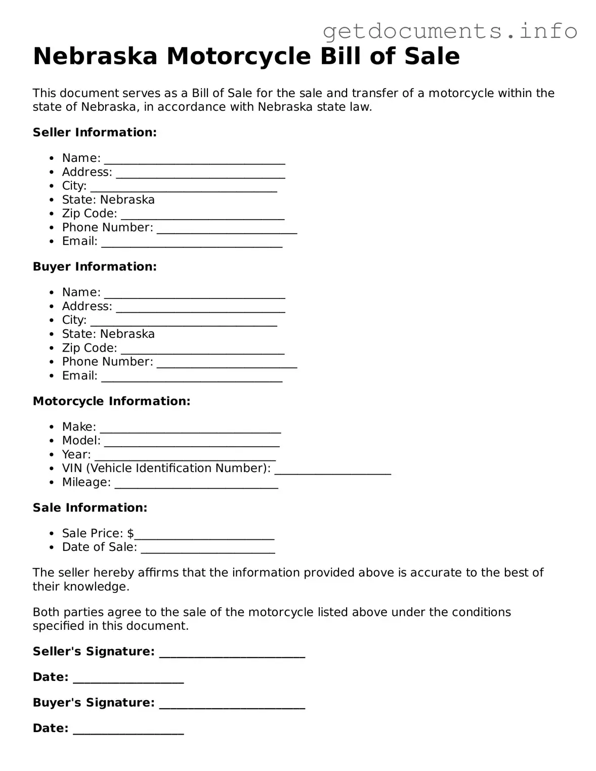 Free Motorcycle Bill of Sale Template for Nebraska
