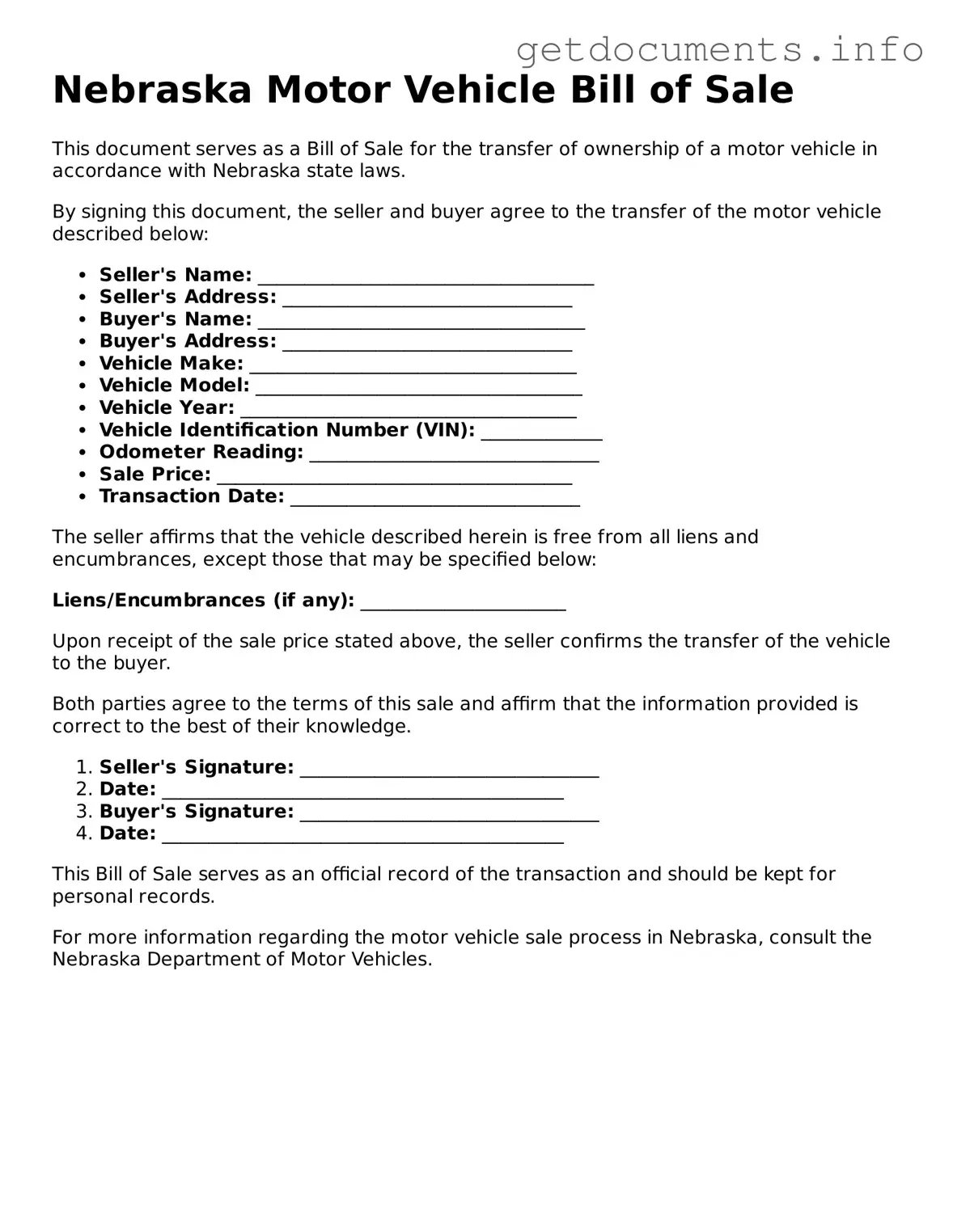 Free Motor Vehicle Bill of Sale Template for Nebraska