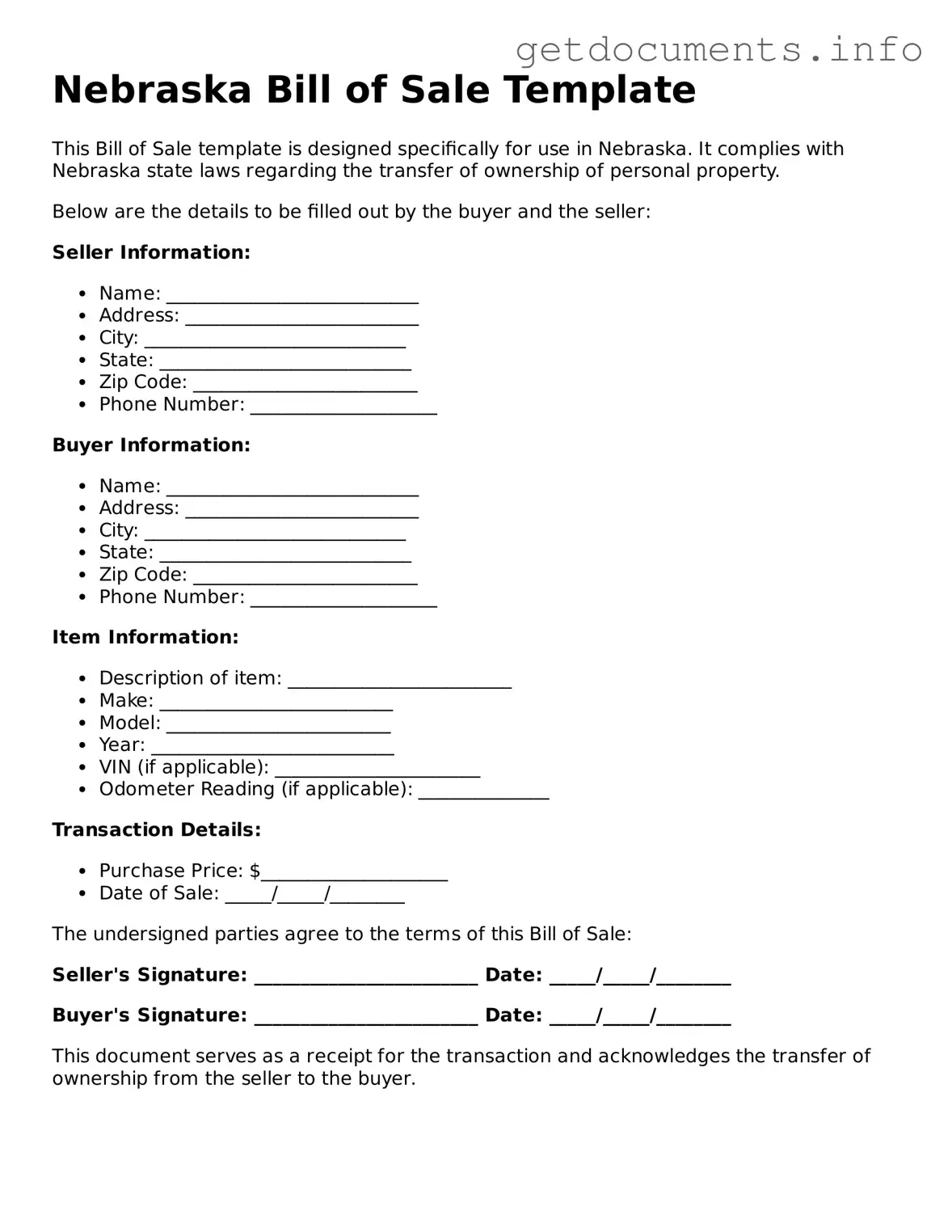 Free Bill of Sale Template for Nebraska