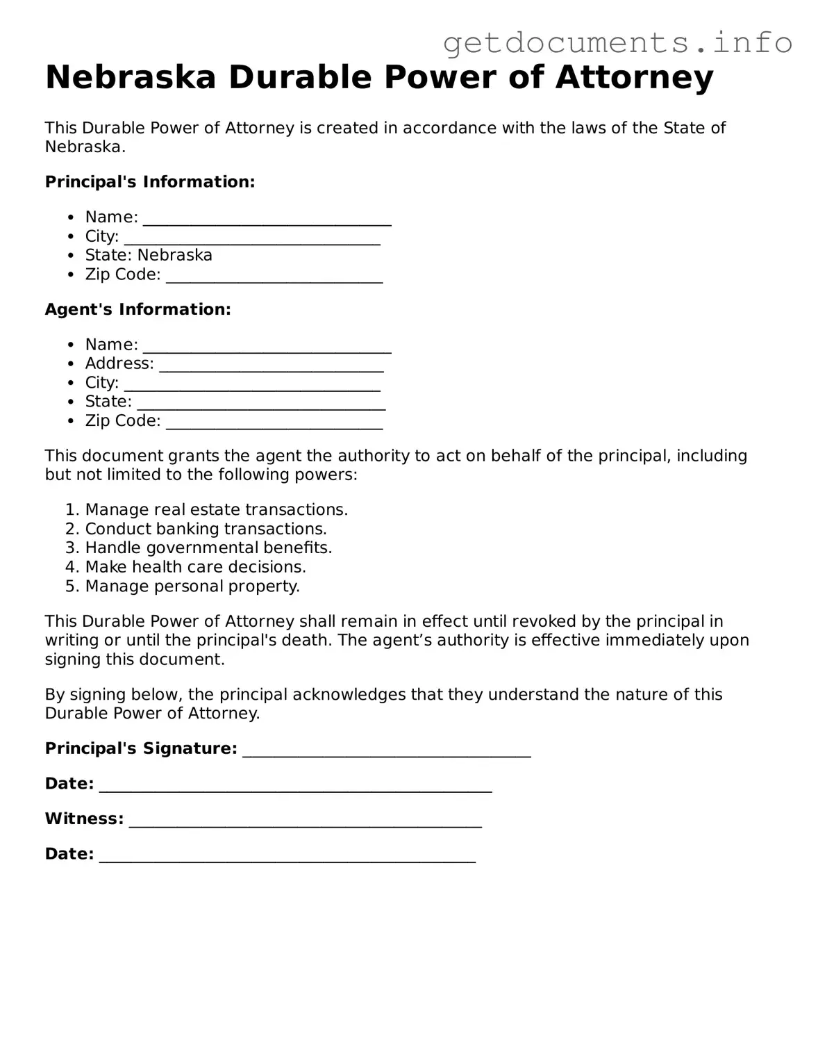 Free Durable Power of Attorney Template for Nebraska