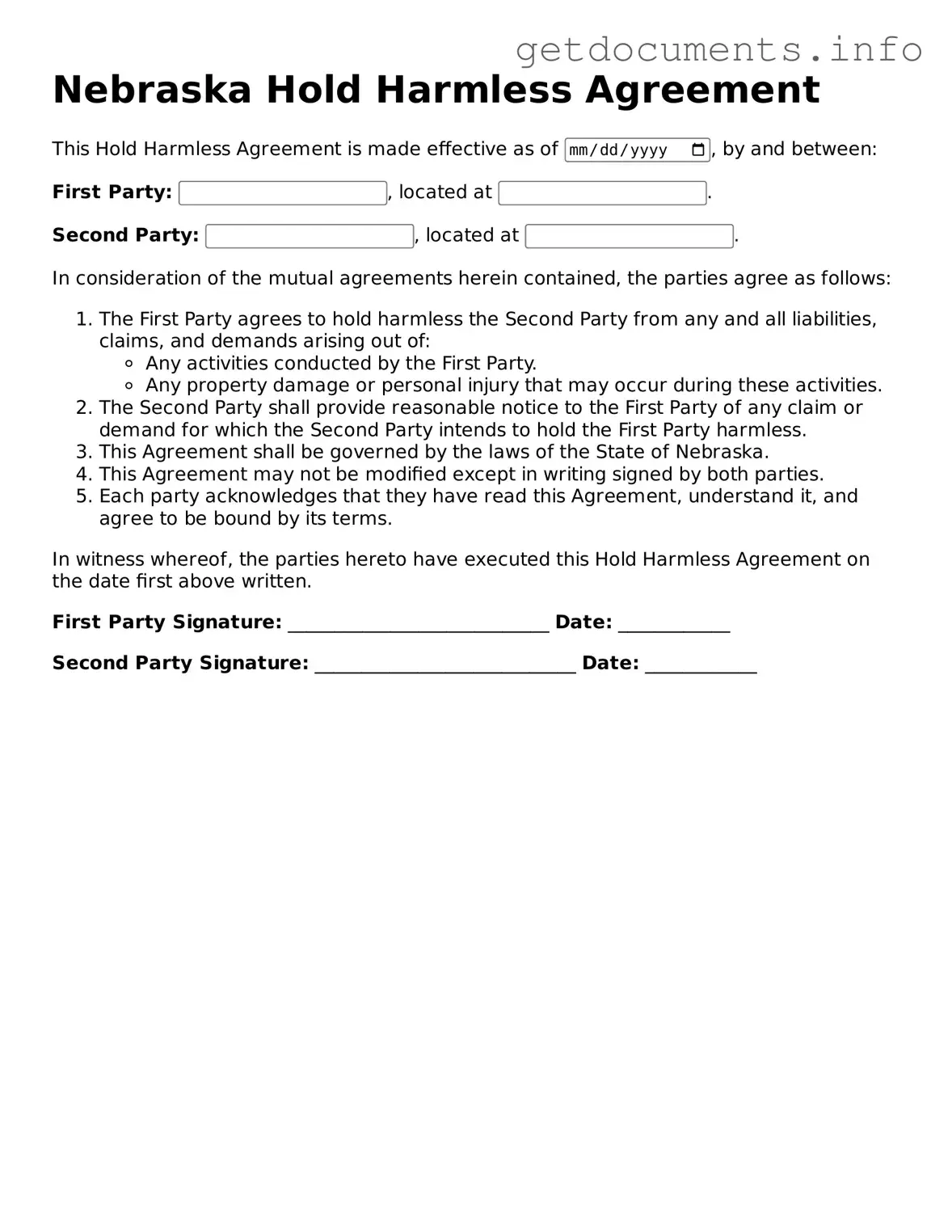Free  Hold Harmless Agreement Template for Nebraska