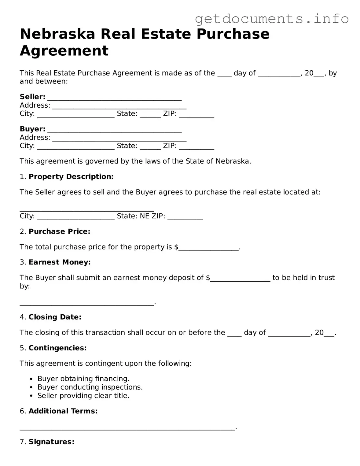 Free Real Estate Purchase Agreement Template for Nebraska