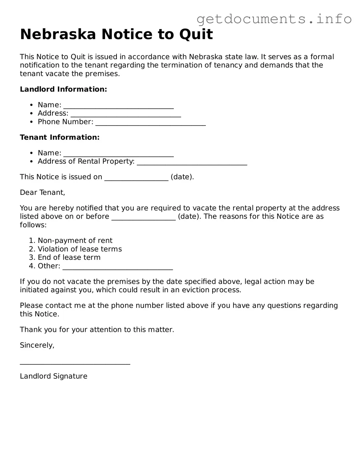 Free Notice to Quit Template for Nebraska