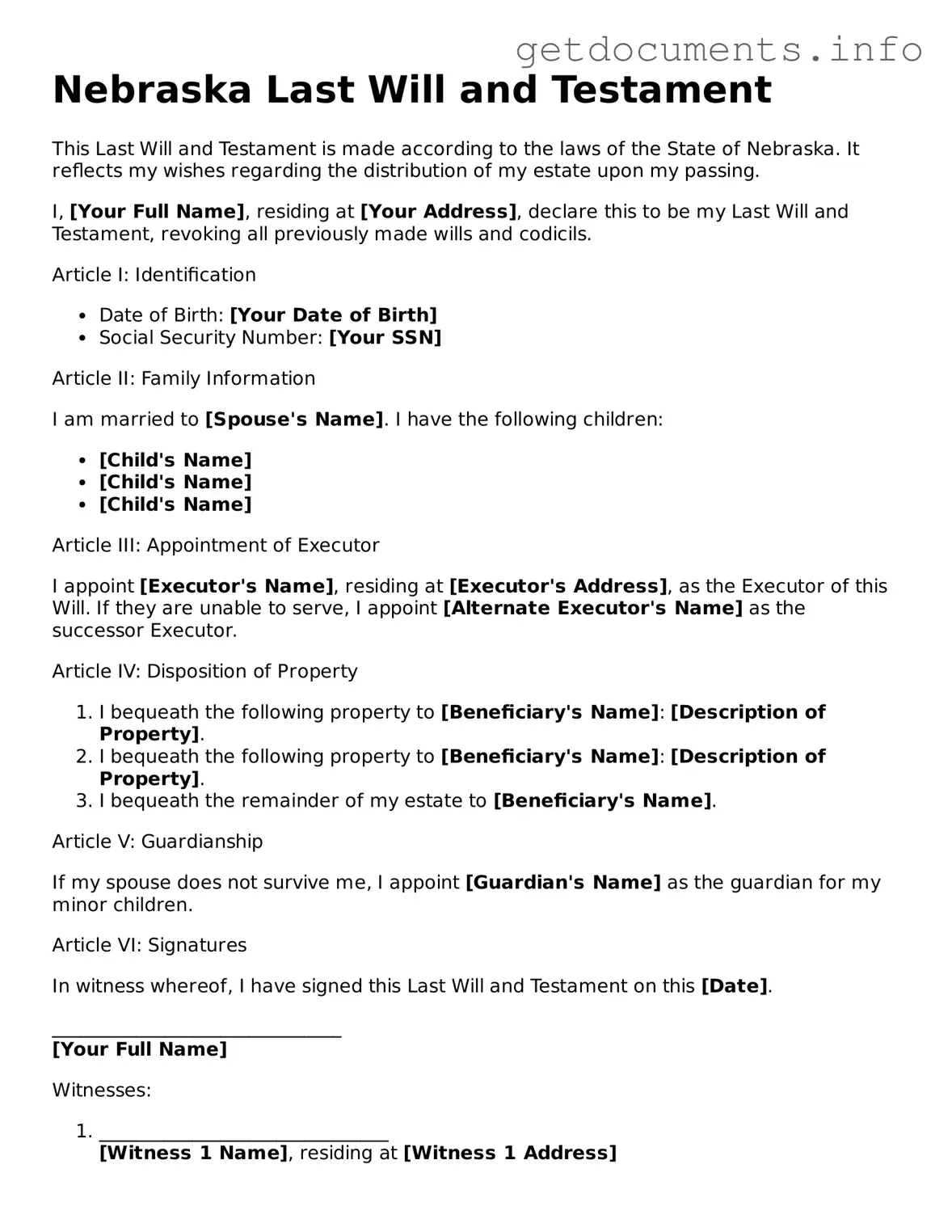 Free Last Will and Testament Template for Nebraska