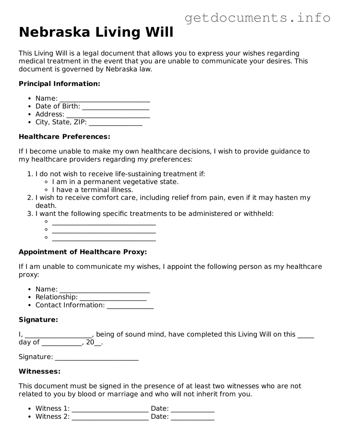 Free  Living Will Template for Nebraska