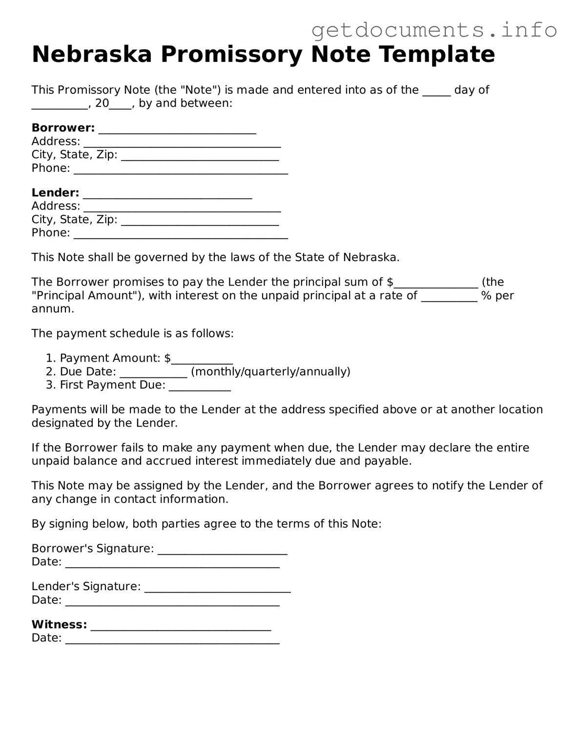 Free Promissory Note Template for Nebraska