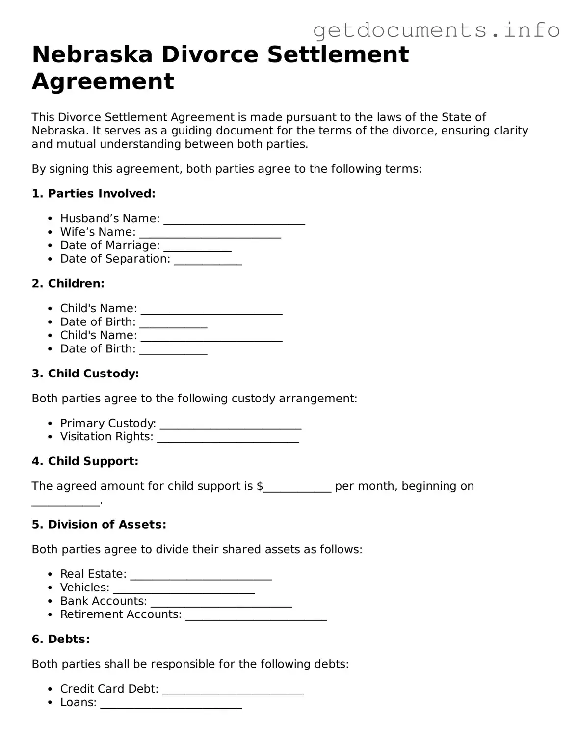 Free Divorce Settlement Agreement Template for Nebraska
