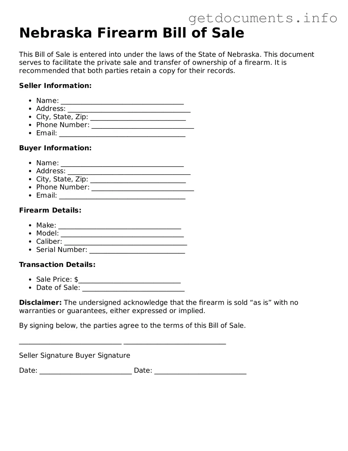 Free Firearm Bill of Sale Template for Nebraska