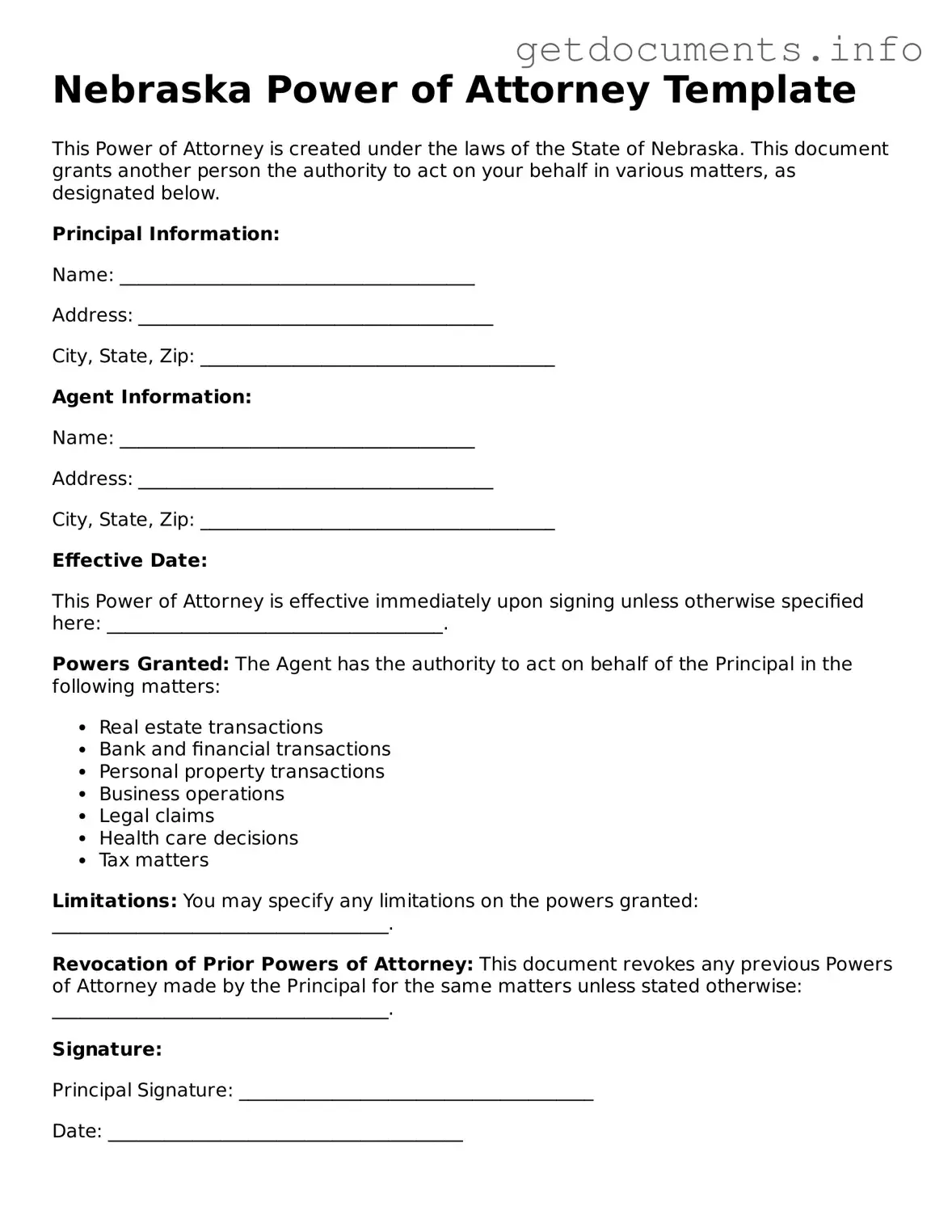 Free Power of Attorney Template for Nebraska