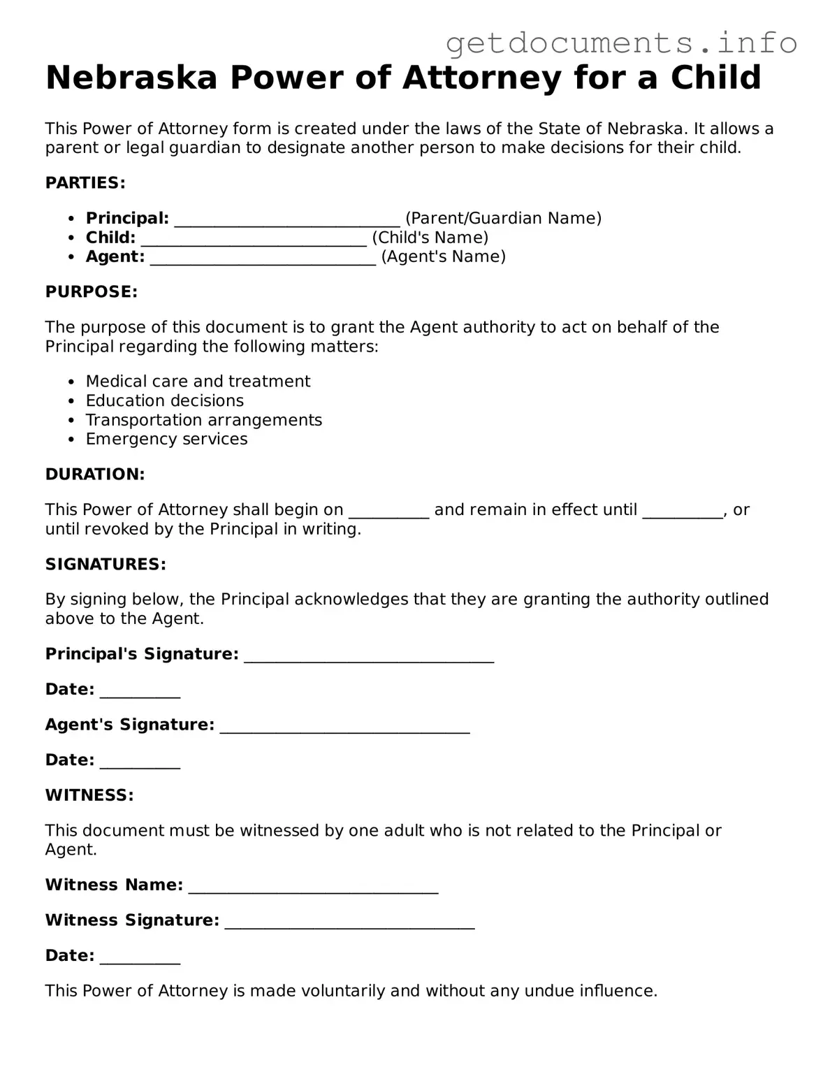 Free Power of Attorney for a Child Template for Nebraska
