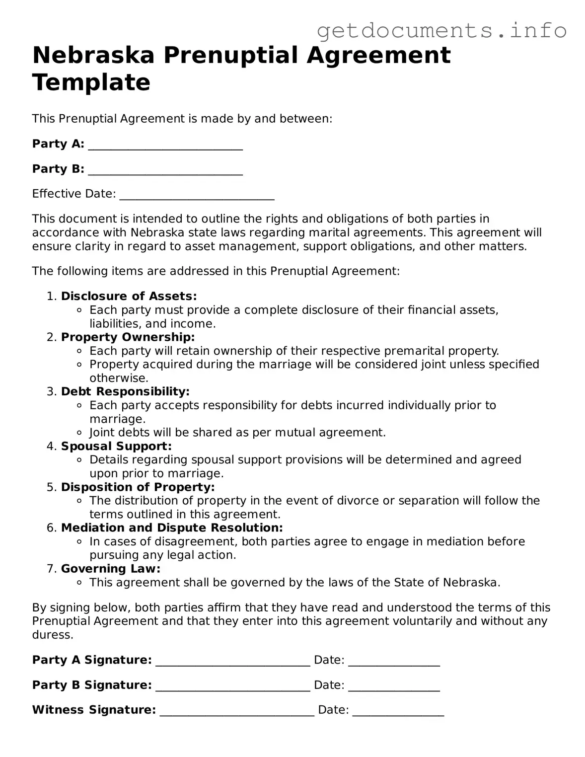 Free  Prenuptial Agreement Template for Nebraska