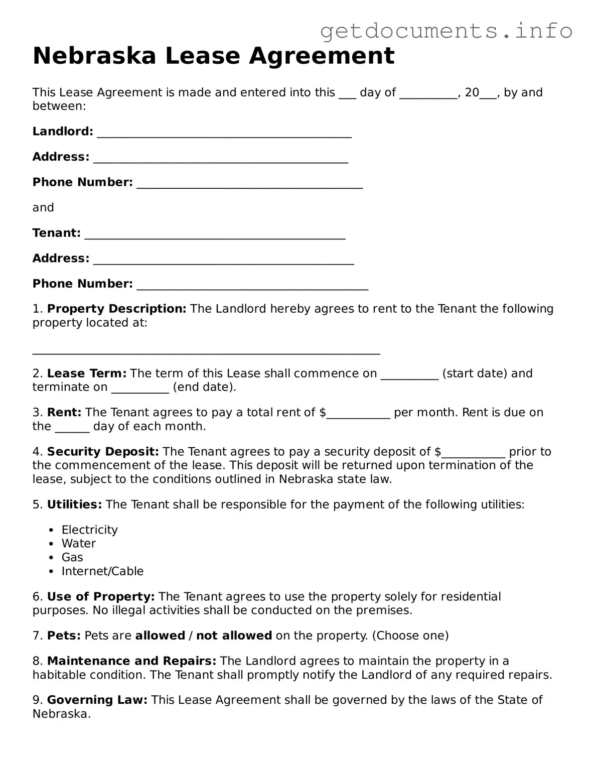 Free Lease Agreement Template for Nebraska