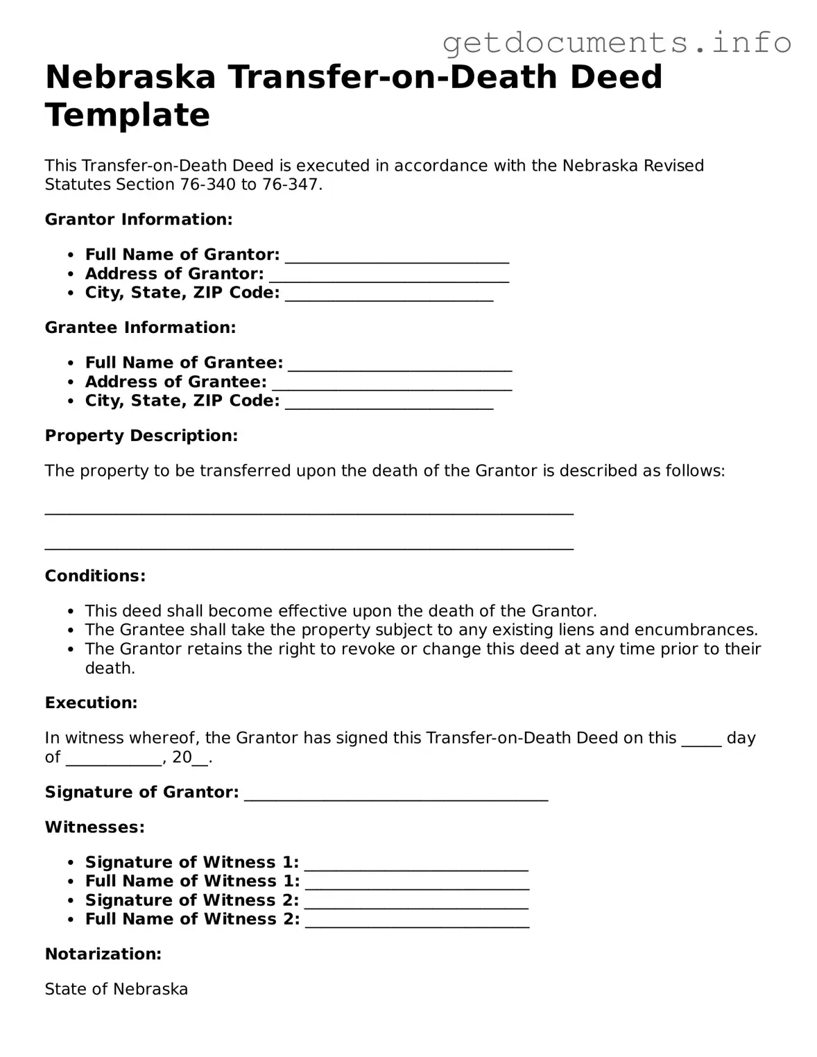 Free  Transfer-on-Death Deed Template for Nebraska