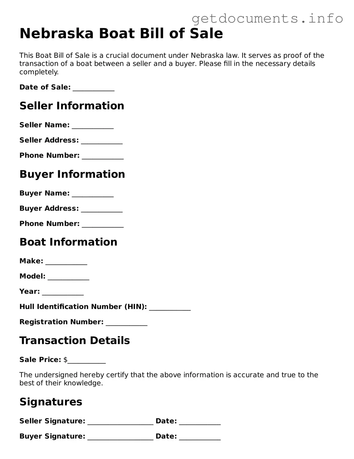 Free Boat Bill of Sale Template for Nebraska