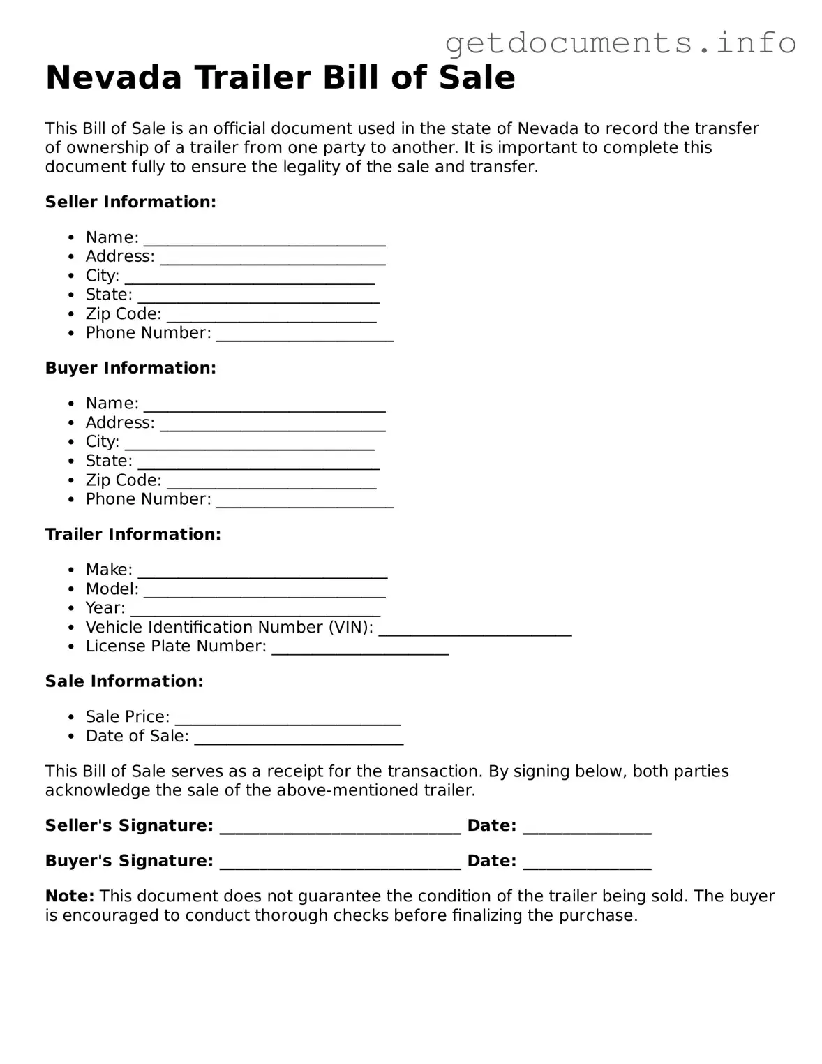 Free Trailer Bill of Sale Template for Nevada