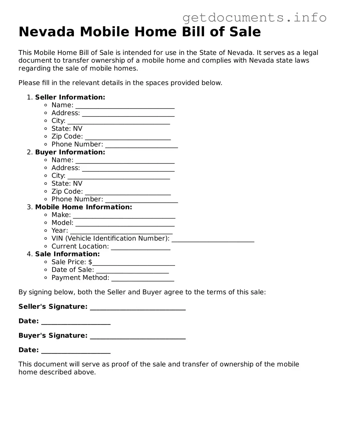 Free Mobile Home Bill of Sale Template for Nevada