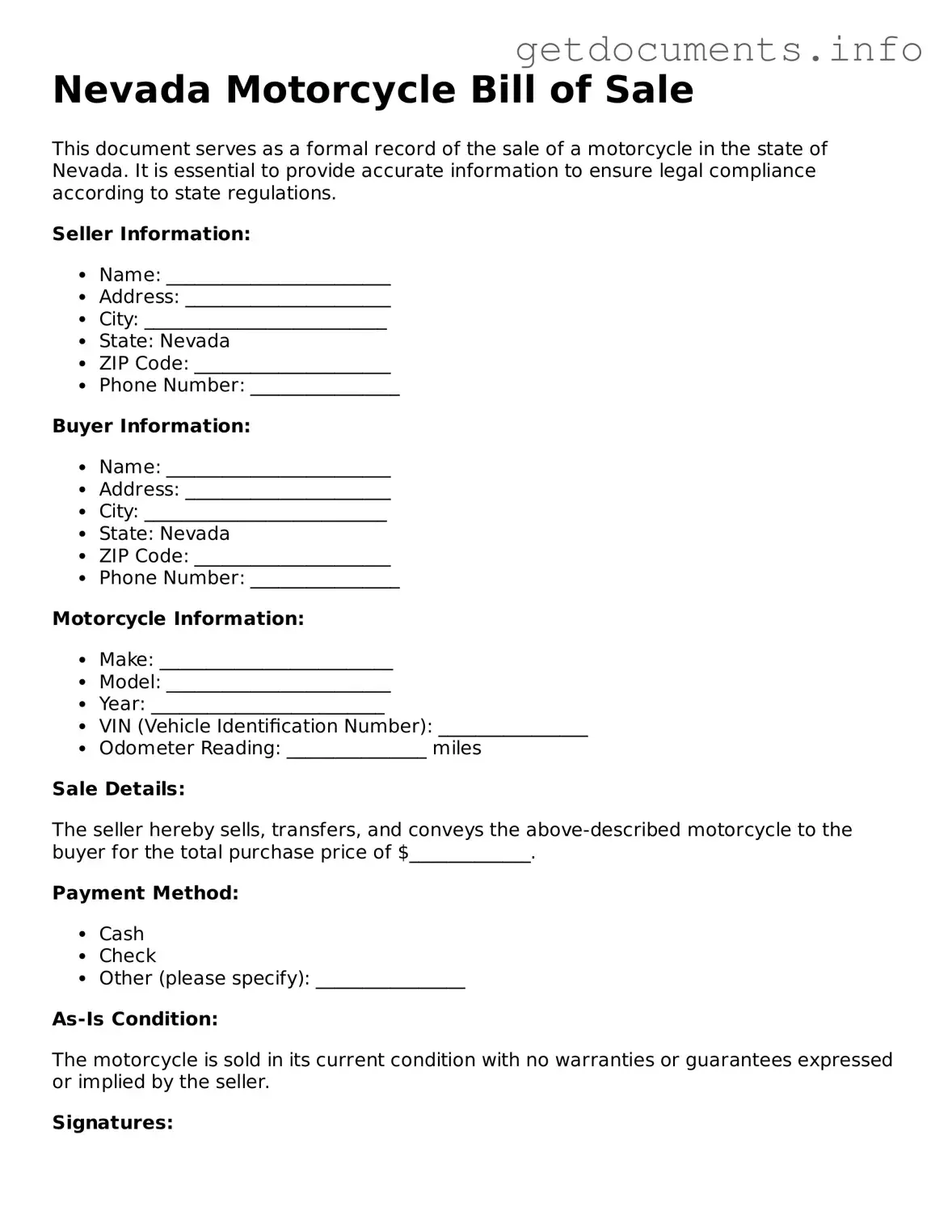 Free Motorcycle Bill of Sale Template for Nevada