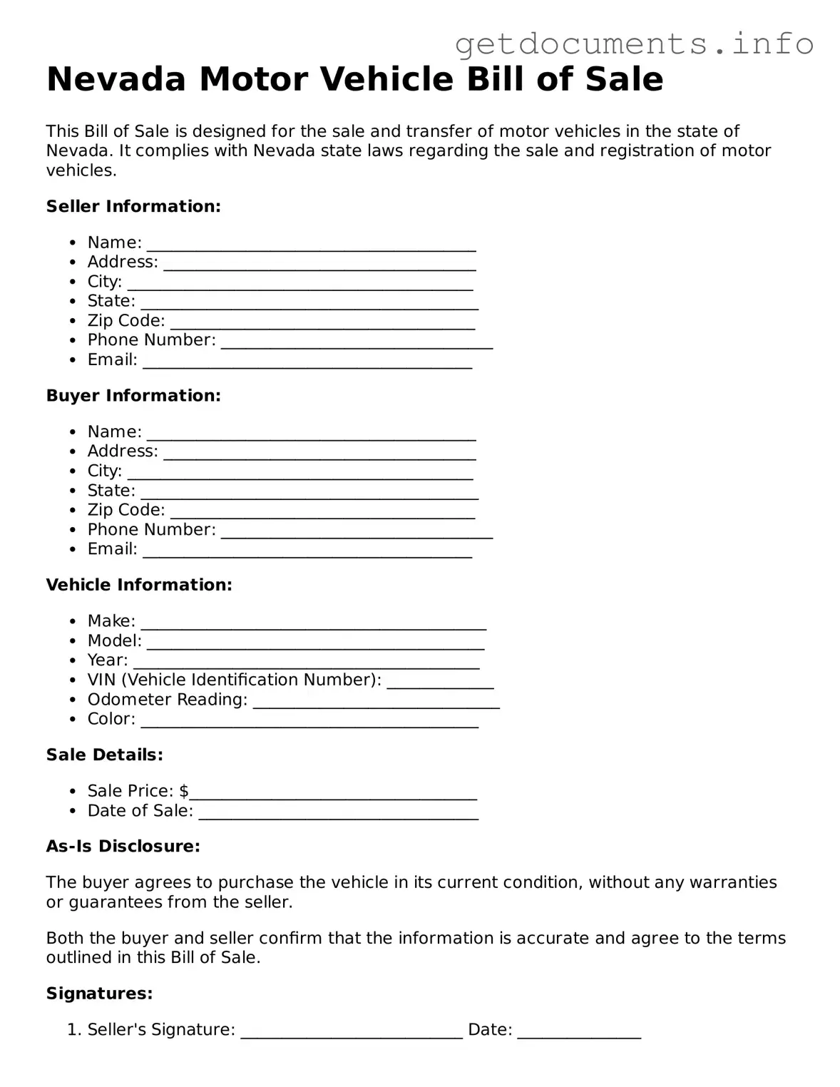 Free Motor Vehicle Bill of Sale Template for Nevada