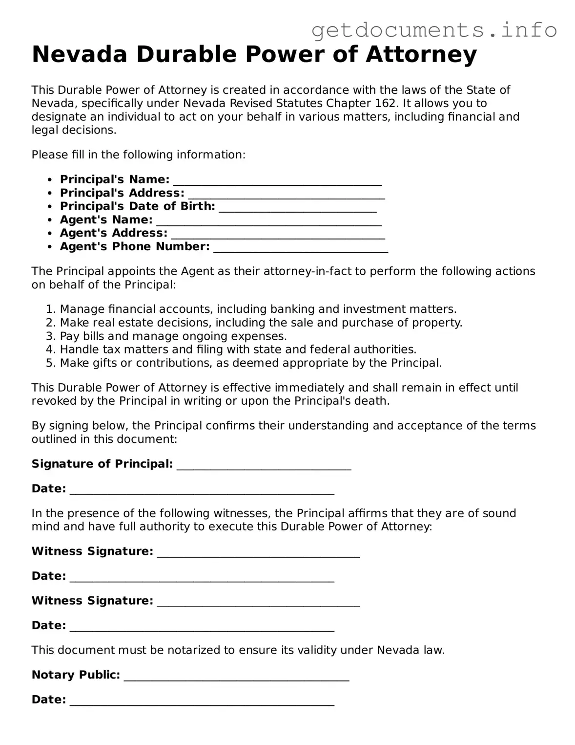 Free  Durable Power of Attorney Template for Nevada