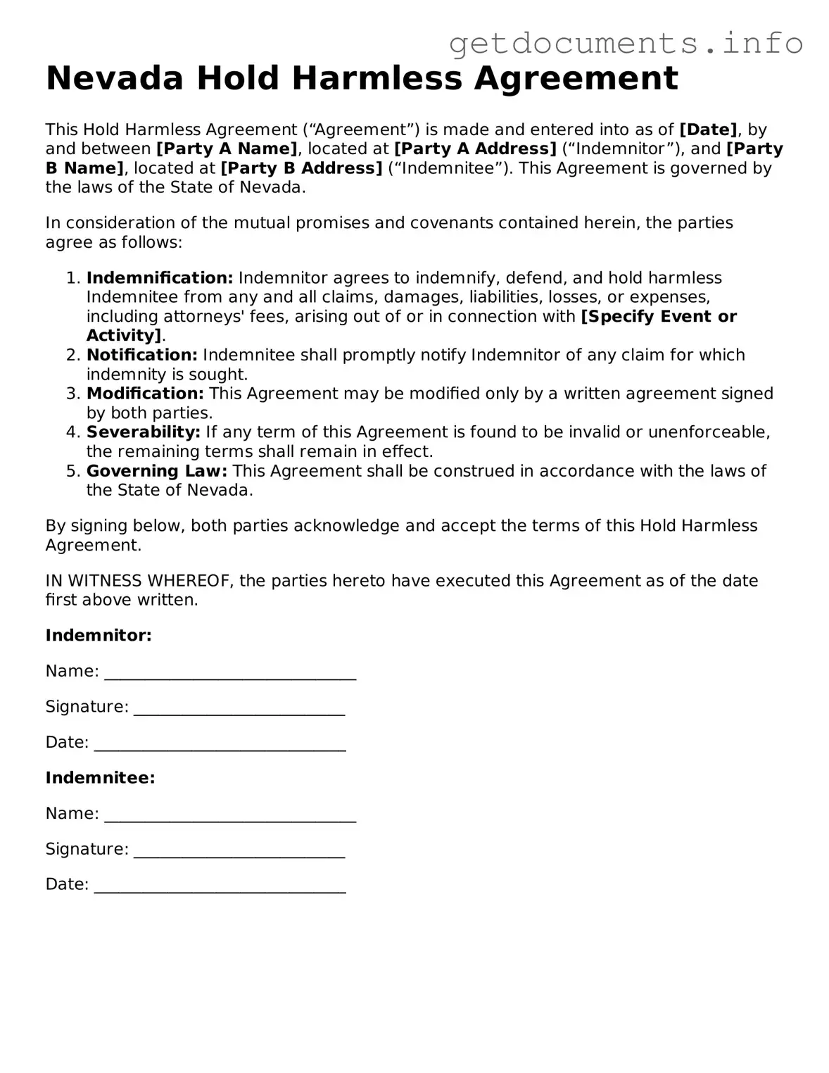 Free Hold Harmless Agreement Template for Nevada