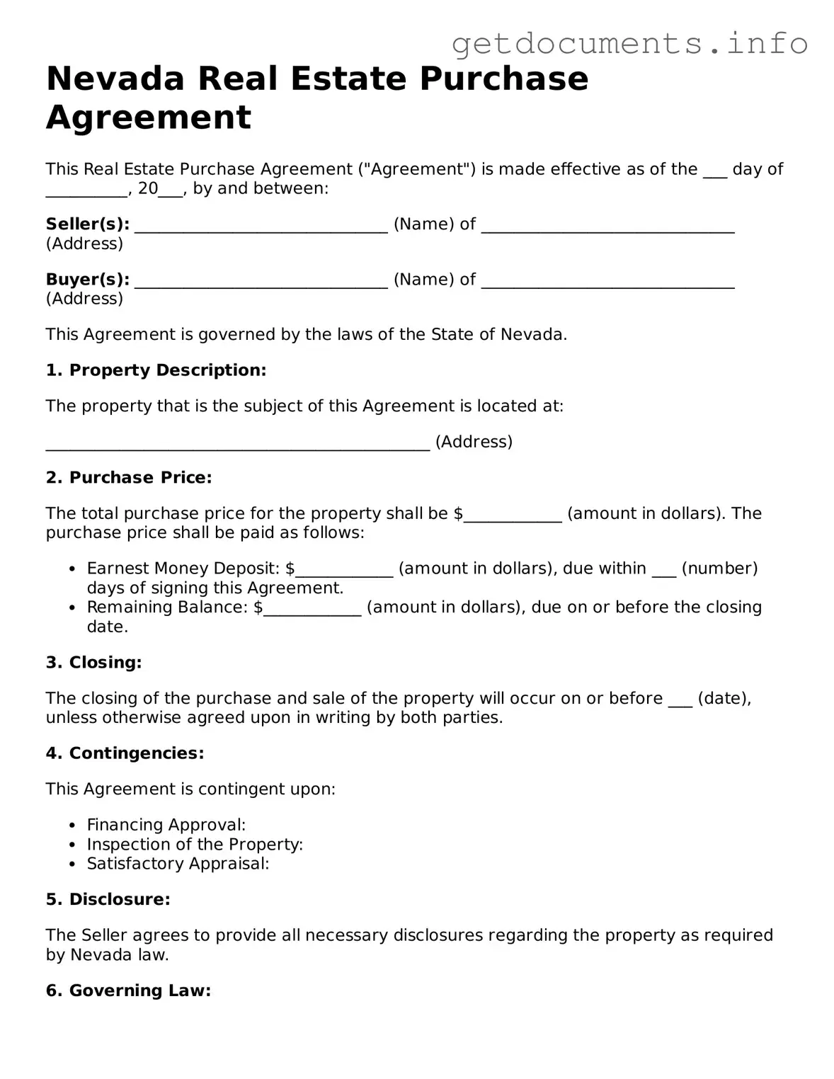 Free Real Estate Purchase Agreement Template for Nevada