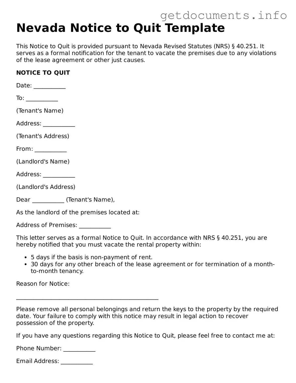 Free Notice to Quit Template for Nevada