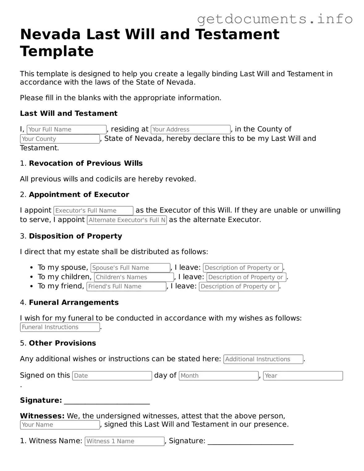 Free Last Will and Testament Template for Nevada