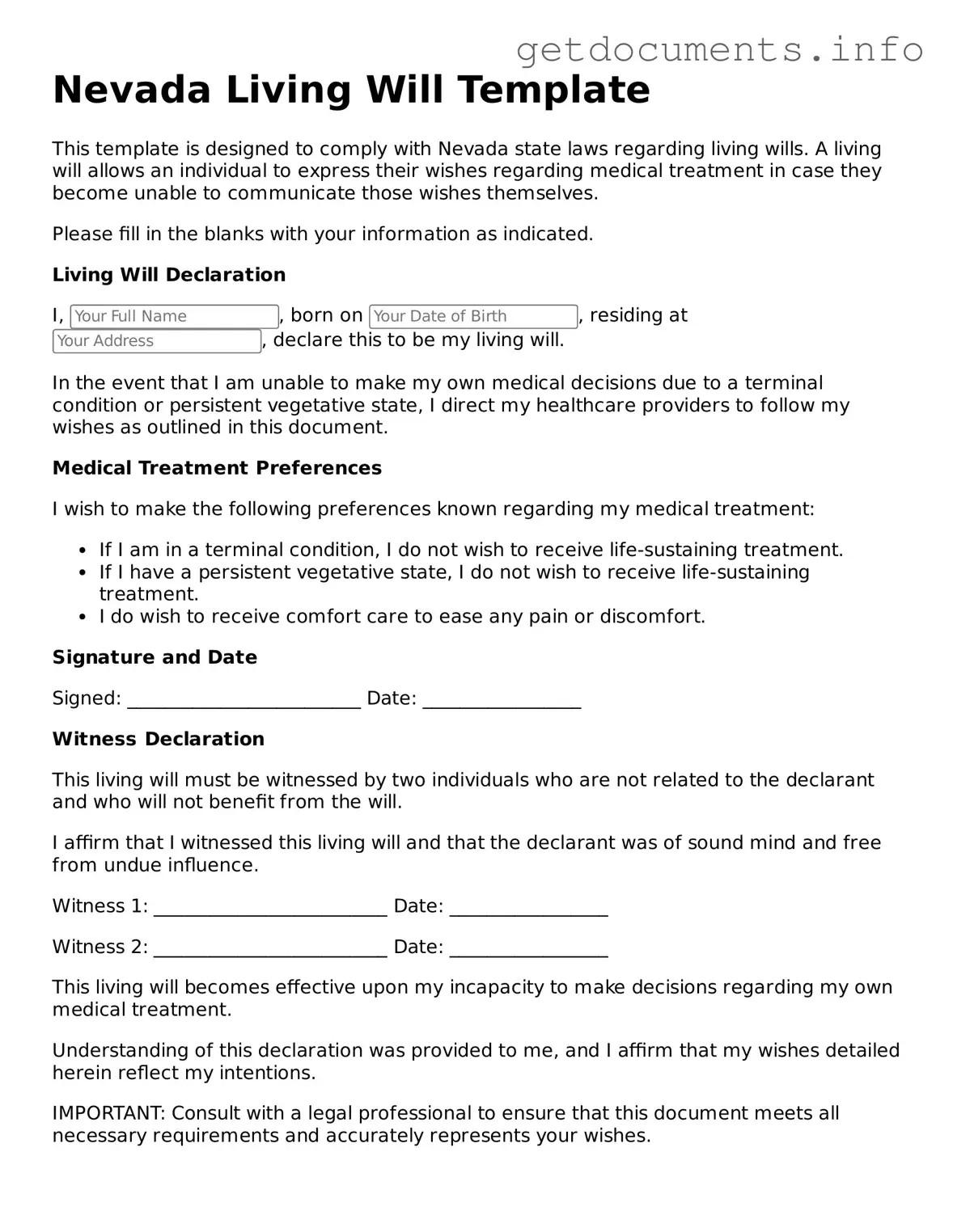 Free Living Will Template for Nevada