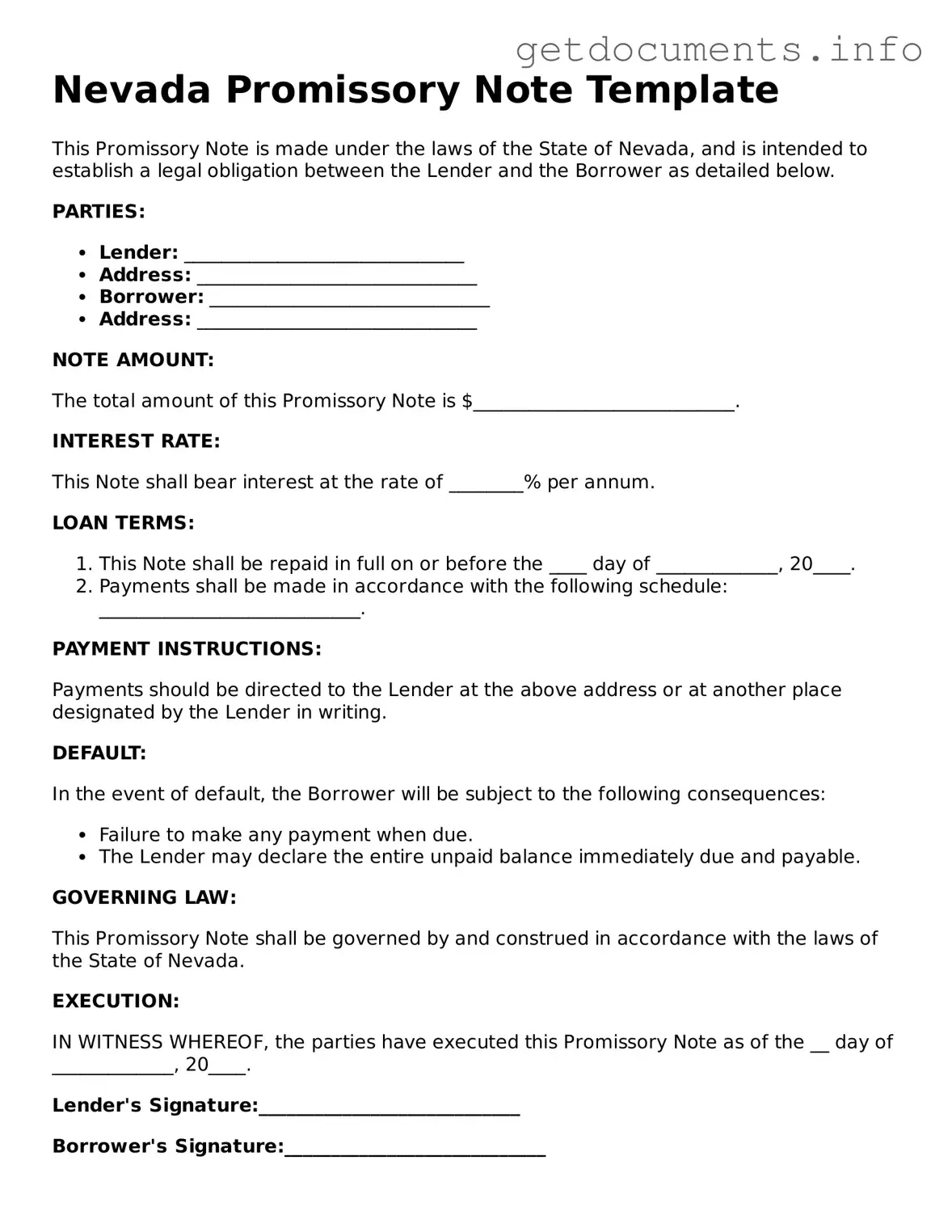 Free Promissory Note Template for Nevada
