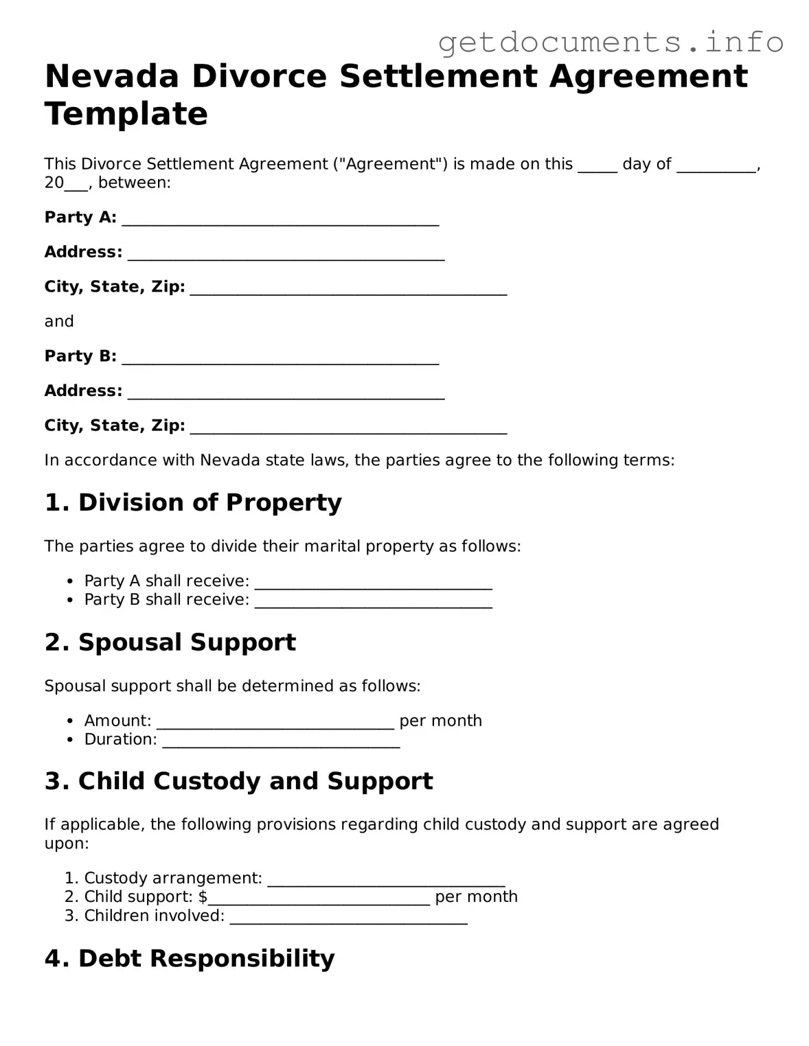 Free Divorce Settlement Agreement Template for Nevada