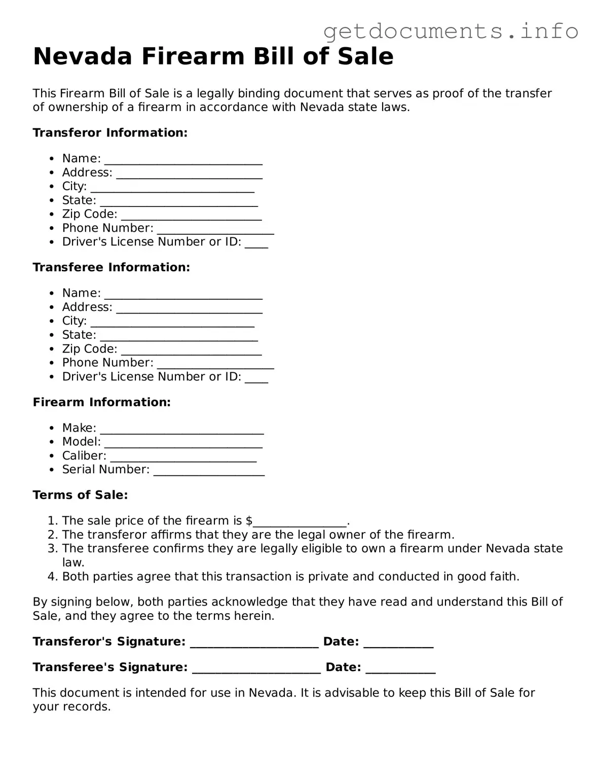 Free Firearm Bill of Sale Template for Nevada