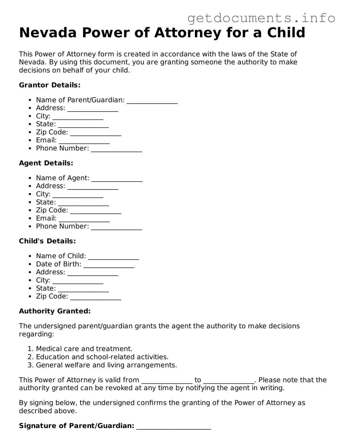 Free  Power of Attorney for a Child Template for Nevada