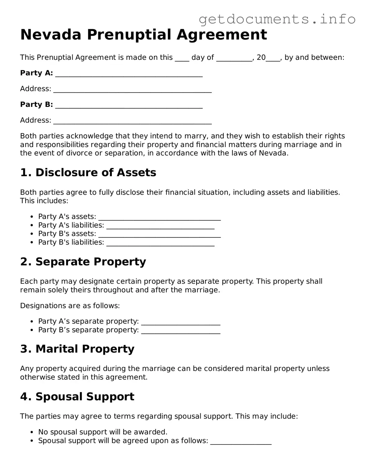 Free  Prenuptial Agreement Template for Nevada
