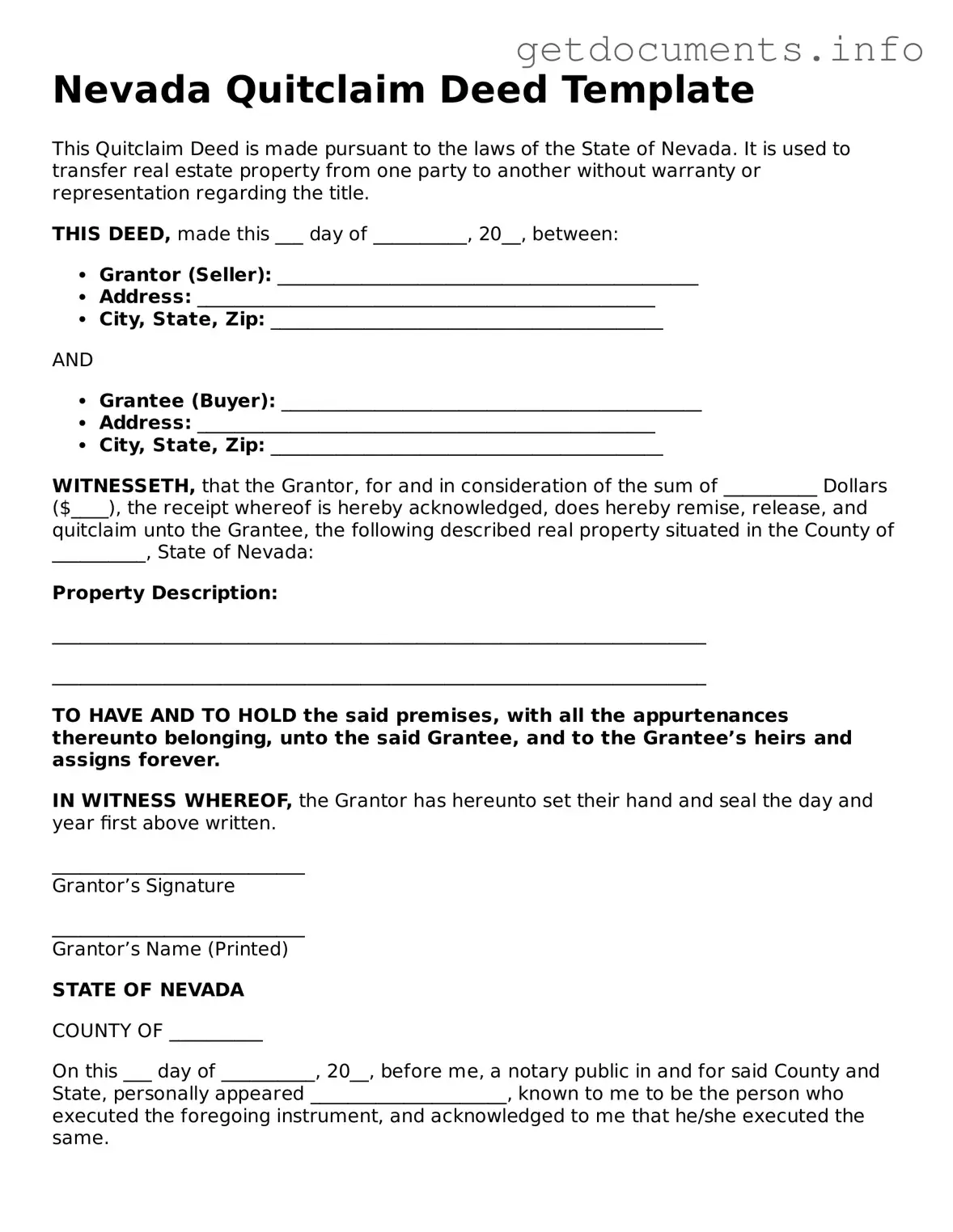 Free Quitclaim Deed Template for Nevada