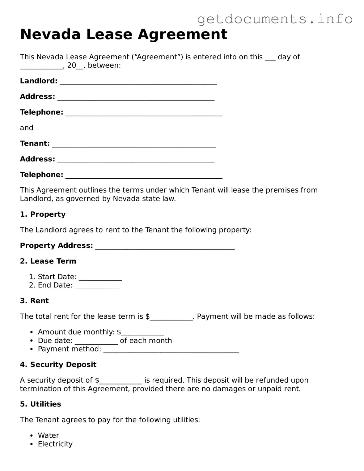 Free Lease Agreement Template for Nevada